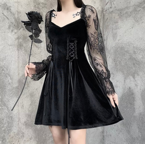 Gothic Black Lace Puff Sleeve Dress