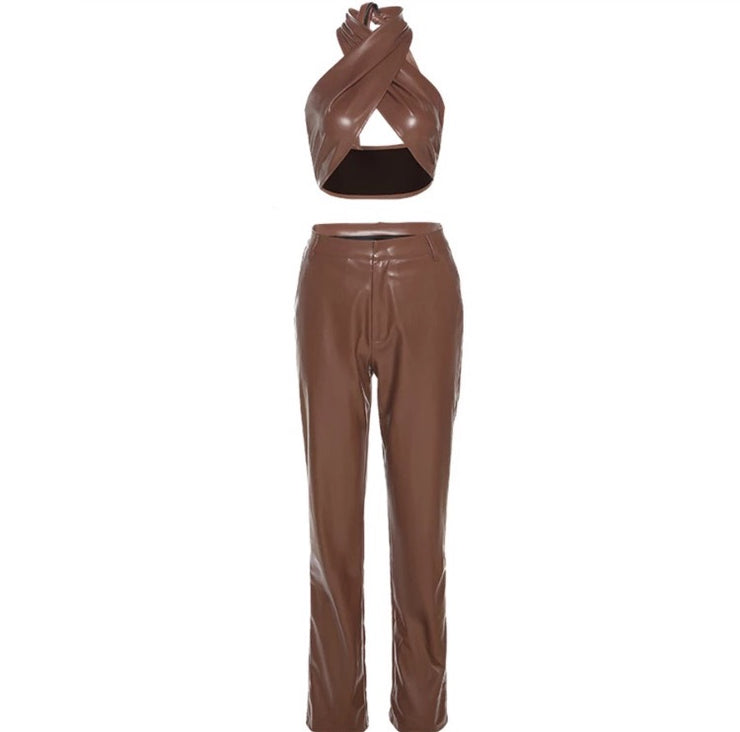 leather crop top and high waist pants