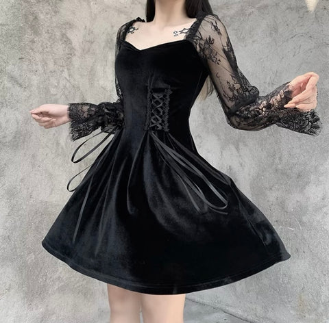 Gothic Black Lace Puff Sleeve Dress