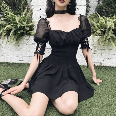 Gothic Black Short Sleeve Dress