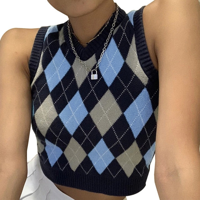 Brown Argyle Y2K Cropped Top